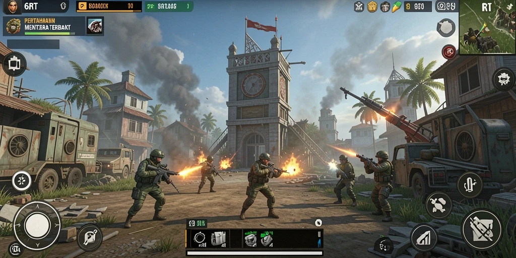 Screenshot gameplay 6RT menampilkan pertahanan menara yang dinamis.