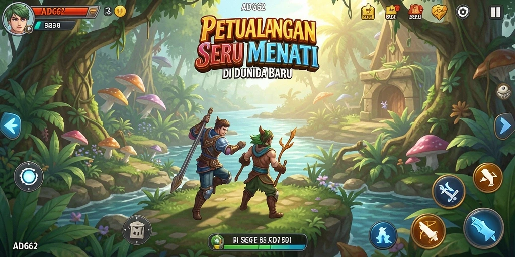 Tampilan layar utama ADG62 menunjukkan pertempuran seru dalam dunia petualangan.