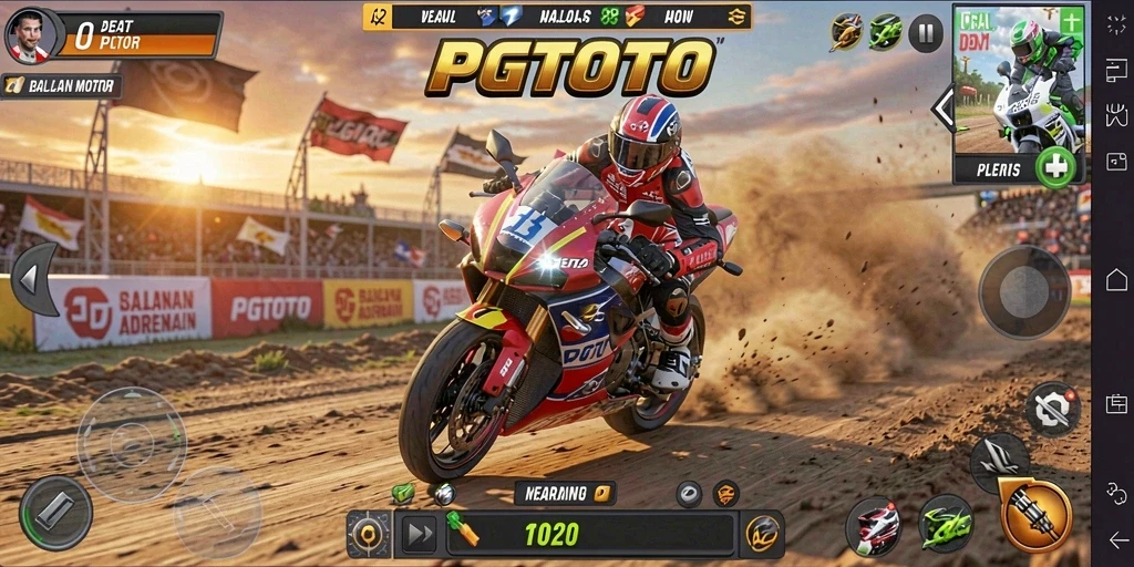 Screenshot dari gameplay <strong>PGTOTO</strong> menampilkan aksi balapan motor yang mendebarkan.