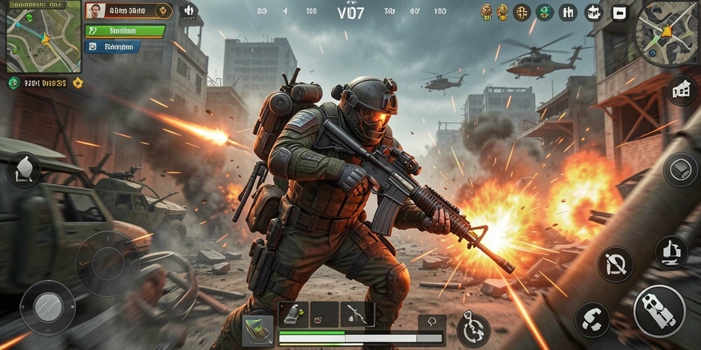 Screenshot menampilkan gameplay intens di V07 dengan aksi tembak-menembak yang seru.