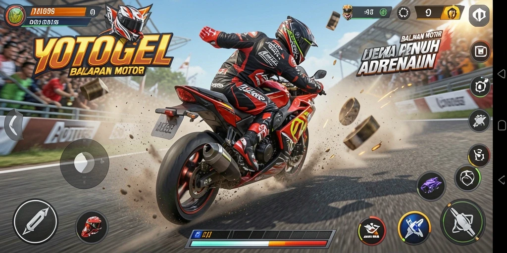 Screenshot gameplay YOTOGEL menampilkan aksi balapan motor yang menarik.